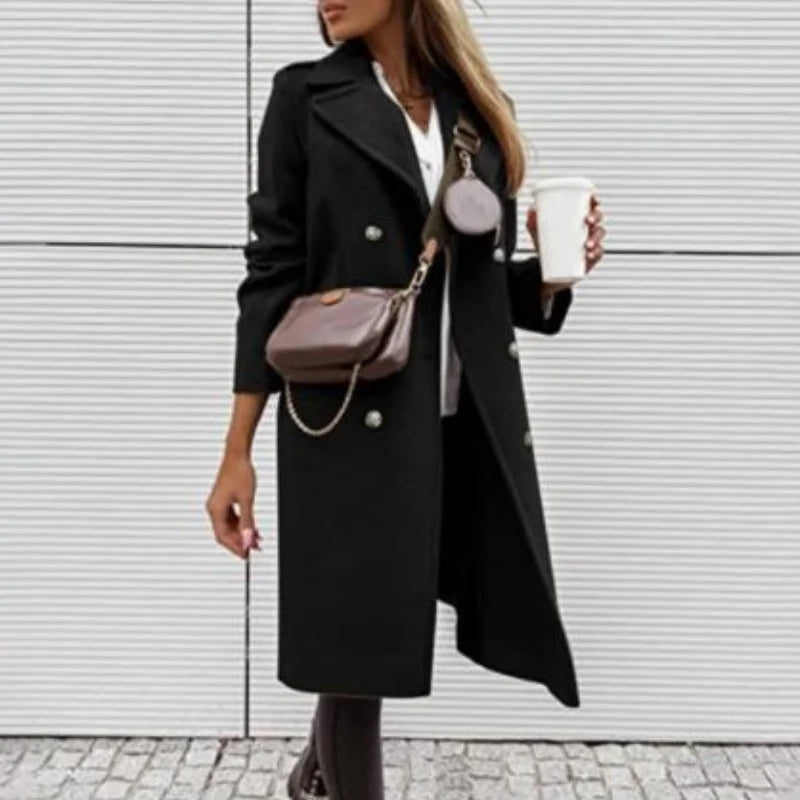 legante Wolljacke mit Revers & Zweireiher-Design – Langer Mantel für Damen